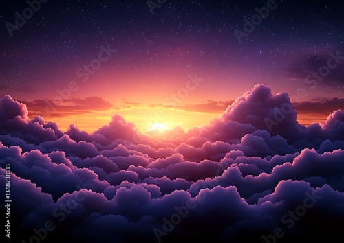 Sunset above a sea of purple clouds.