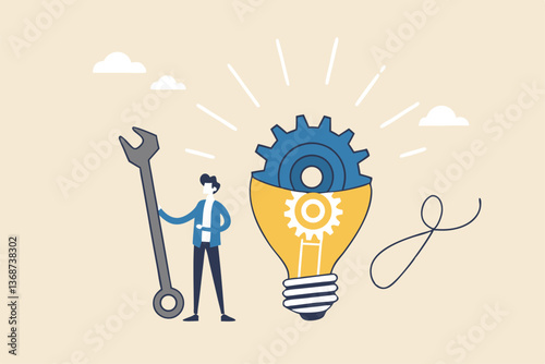 Innovation or product development, idea or solution to solve business problem, invention or technology creation to build new product, efficiency concept, businessman build gear in lightbulb idea.