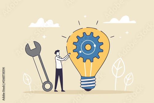 Innovation or product development, idea or solution to solve business problem, invention or technology creation to build new product, efficiency concept, businessman build gear in lightbulb idea.