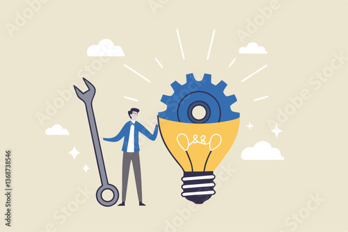 Innovation or product development, idea or solution to solve business problem, invention or technology creation to build new product, efficiency concept, businessman build gear in lightbulb idea.