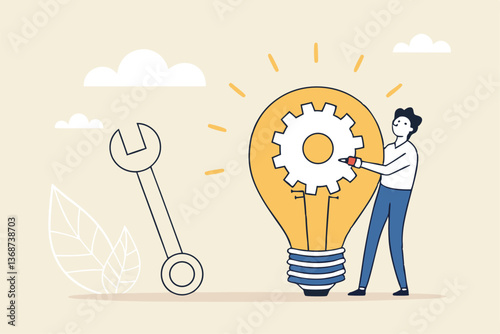 Innovation or product development, idea or solution to solve business problem, invention or technology creation to build new product, efficiency concept, businessman build gear in lightbulb idea.