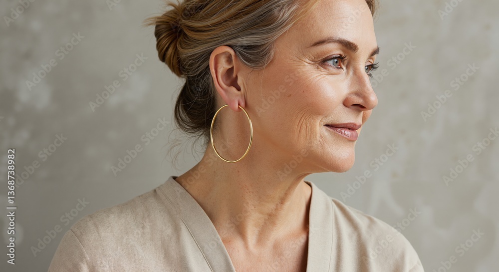 Mature woman smiling softly against a neutral textured background Mature woman smiling softly against a neutral textured background