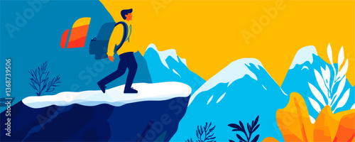Adventurous hiker in vibrant mountain landscape with backpack, snow, and foliage vector