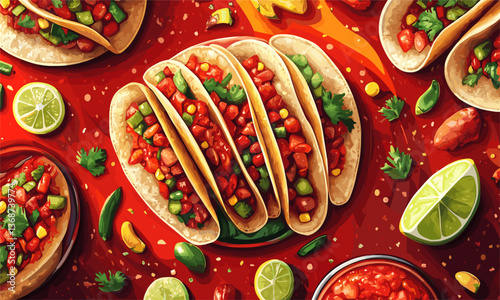 Colorful mexican tacos with fresh ingredients on red background, top view, vector