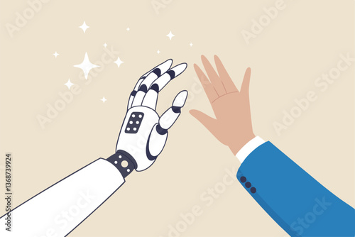 Working together with AI Artificial Intelligence, human cooperate with machine or robot, AI help or support coworker, assistance or partnership concept, businessman hand high five with robot hand.