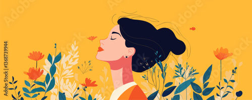 Peaceful woman with flowers and plants on yellow background, vector