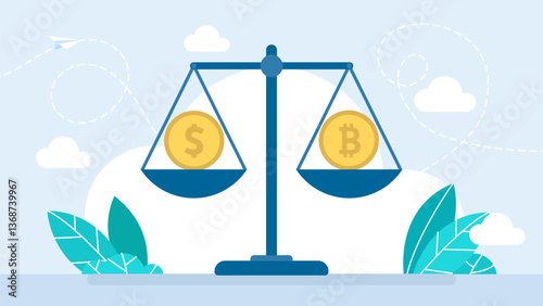 Libra. Weighing Scales with dollar and bitcoin coins, Compare Financial Balance, Exchange Rates, Exchange of Money Scales. Cryptocurrency. Business concept. Exchange rate. Vector illustration