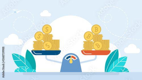 Weighing Scales with dollar and bitcoin coins, Compare Financial Balance, Exchange Rates, Exchange of Money Scales. Overweight cryptocurrency. Business concept. Exchange rate. Vector illustration