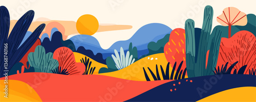 Colorful abstract landscape with sun and hills at sunset – vector