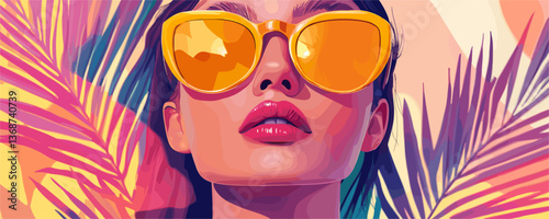 Fashionable woman with yellow sunglasses and tropical palm leaves - vector