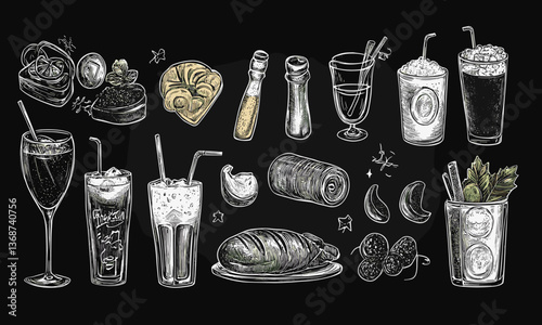 Chalkboard style cocktail and food elements set on black background, vector