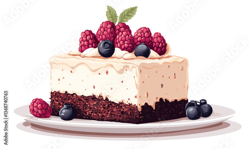 Slice of raspberry and blueberry cheesecake on plate with mint garnish - vector
