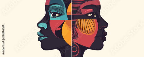 Abstract duality of faces with colorful geometric patterns in profile view, vector