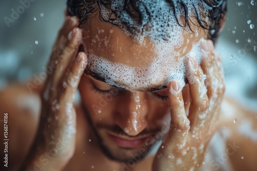 Handsome man taking shower washing face standing under falling water rain drops in bathroom at home. Male bodycare beauty routine