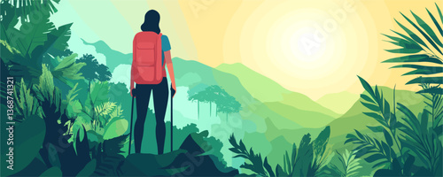 Hiker in lush jungle at sunrise with mountains in background, vector