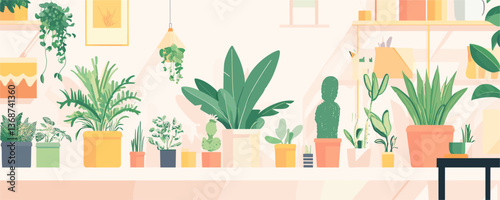 Indoor garden with diverse potted plants on shelf in cozy space, digital art vector