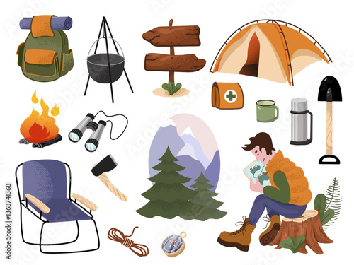 Camping equipment. Set of camping design elements. Tourist studying a map while sitting on a stump, necessary camping items including tent, backpack, camping chair, kettle, binoculars