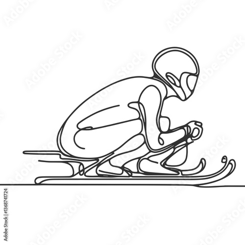 One-line drawing of a person skiing at high speed  