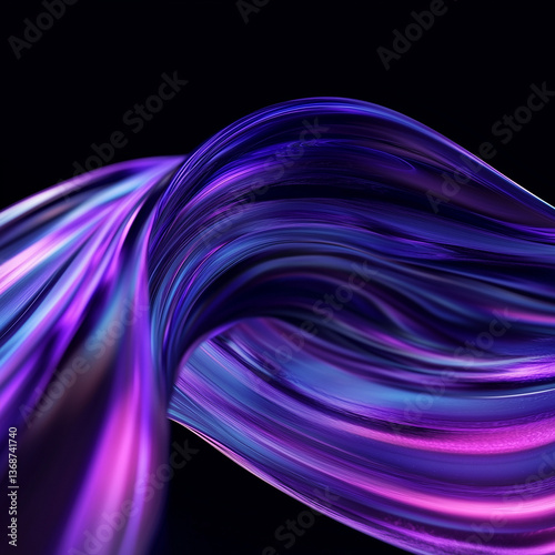 Abstract fluid holographic iridescent purple curved wave in dark background 3d render. Gradient design element for backgrounds, wallpapers, posters and covers