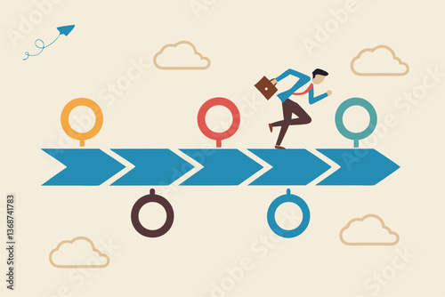 Timeline project planning, work progress milestone or step to success, plan or strategy diagram, business journey or process to reach goal concept, businessman running on project timeline milestones.