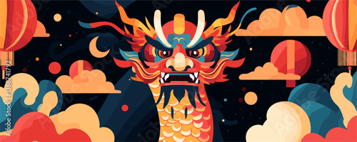 Vibrant chinese dragon with lanterns and clouds in night sky - vector