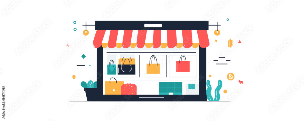 Obraz premium Online shopping storefront with various bags displayed on screen vector
