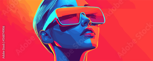 Colorful portrait of woman with sunglasses in futuristic style - vector