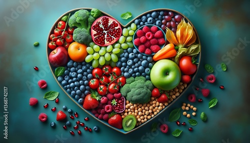 A colorful heart-shaped collection of fruits and vegetables symbolizing healthy living.
