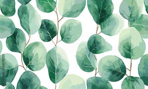 Seamless green leaf pattern with eucalyptus foliage on white background, vector