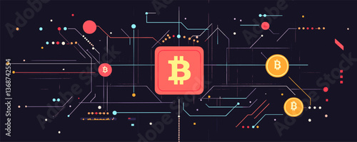 Bitcoin blockchain circuit design with cryptocurrency symbols – vector