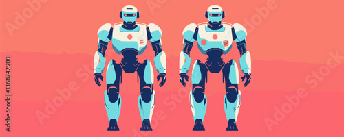 Futuristic twin robots with armour on pink gradient background, vector