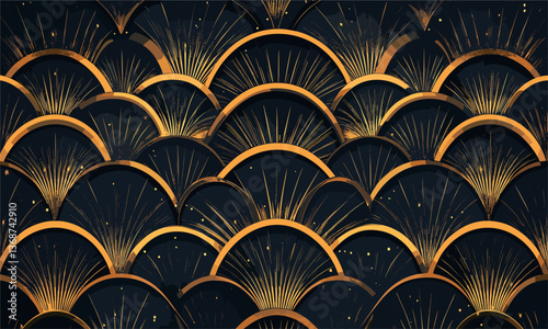 Elegant golden art deco pattern on dark background, seamless luxury geometry - vector