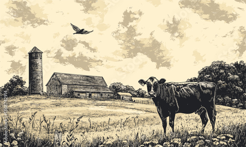 Rural landscape with cow and barn in countryside field scene vector