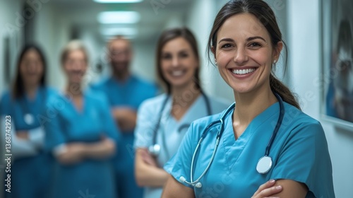 Group of happy doctors in hospital corridor, portrait