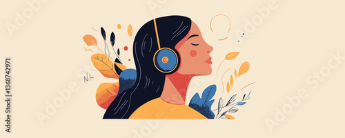 Listening woman with headphones surrounded by leaves and abstract shapes - vector
