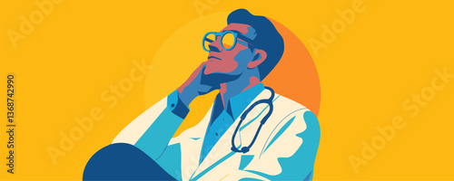 Thoughtful doctor in sunglasses with stethoscope against yellow background vector