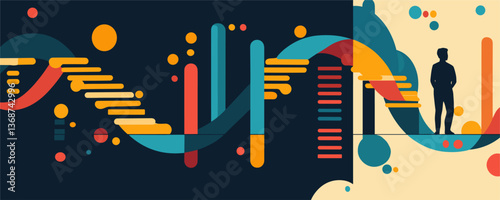 Abstract silhouette in vibrant geometric landscape with bars and circles - vector