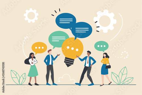 Effective communication, meeting discussion or conversation solution, speak or telling intelligence information, team opinion new idea concept, business people discuss with lightbulb speech bubble.