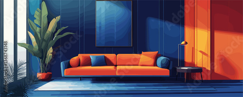 Modern living room with orange couch and plant in blue interior design - vector