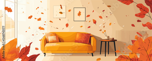 Cozy autumn living room with falling leaves and warm decor - vector