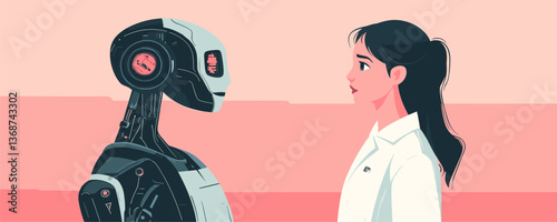 Human woman and robot interaction: technology meets humanity vector