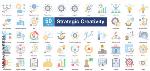 Strategic Creativity icon set in flat color style, featuring 50 icons on innovation, leadership, adaptability, and business transformation. Ideal for strategy planning, market analysis, and growth.