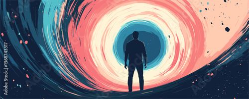 Silhouetted person standing before cosmic vortex in space - vector