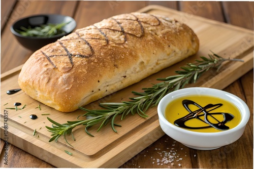 Italian ciabatta with olive oil
A freshly baked ciabatta bread with a perfectly crisp crust sits on a wooden cutting board. A small dish of golden olive oil with balsamic vinegar swirls is nearby, rea