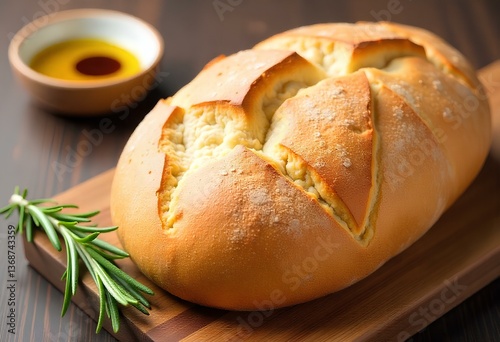 Italian ciabatta with olive oil
A freshly baked ciabatta bread with a perfectly crisp crust sits on a wooden cutting board. A small dish of golden olive oil with balsamic vinegar swirls is nearby, rea