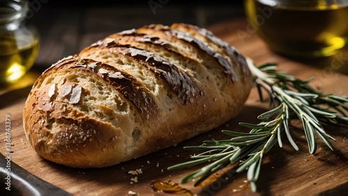 Italian ciabatta with olive oil
A freshly baked ciabatta bread with a perfectly crisp crust sits on a wooden cutting board. A small dish of golden olive oil with balsamic vinegar swirls is nearby, rea