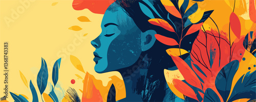Colorful abstract portrait of a woman with leaves - vector art