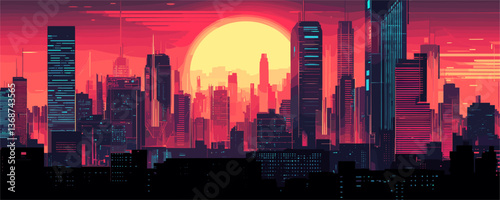 Futuristic cityscape at sunset with silhouetted skyscrapers in neon colors, vector