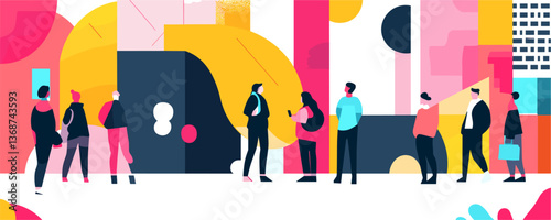 Colorful urban scene with diverse group of people walking in city - vector