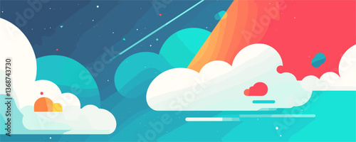 Colorful abstract sky with clouds and sunbeams in a surreal landscape - vector